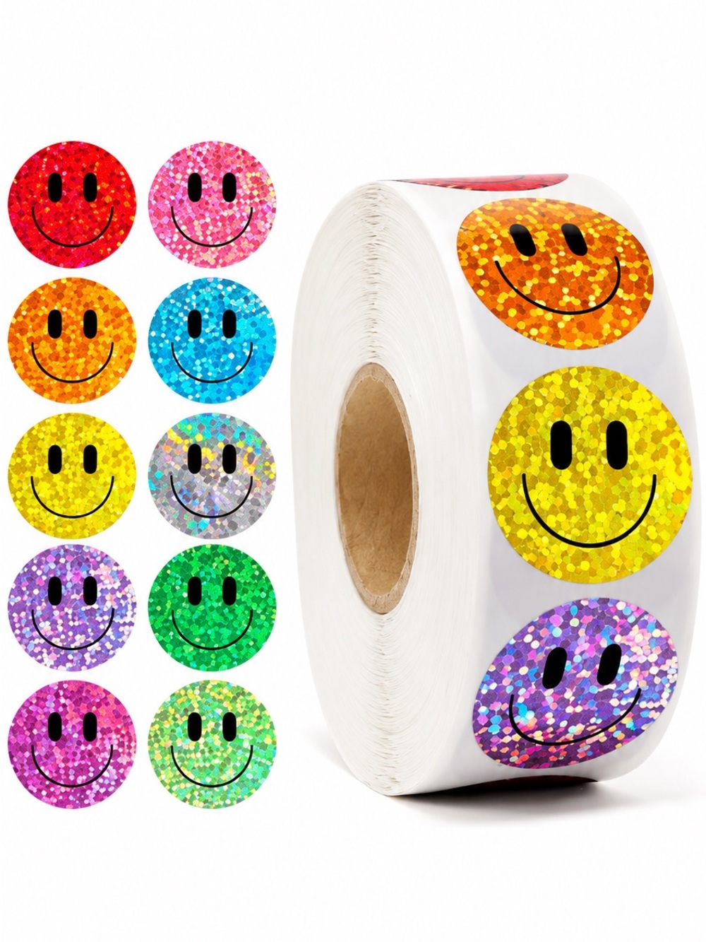 500 Pc Holographic Glitter Smiley Face Stickers 1 Inch 10 Colors NEW